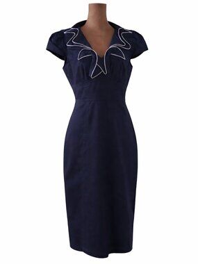London Times Dark Navy Midi Sheath Dress Ruffle V-Neck Contrast Piping Size 6